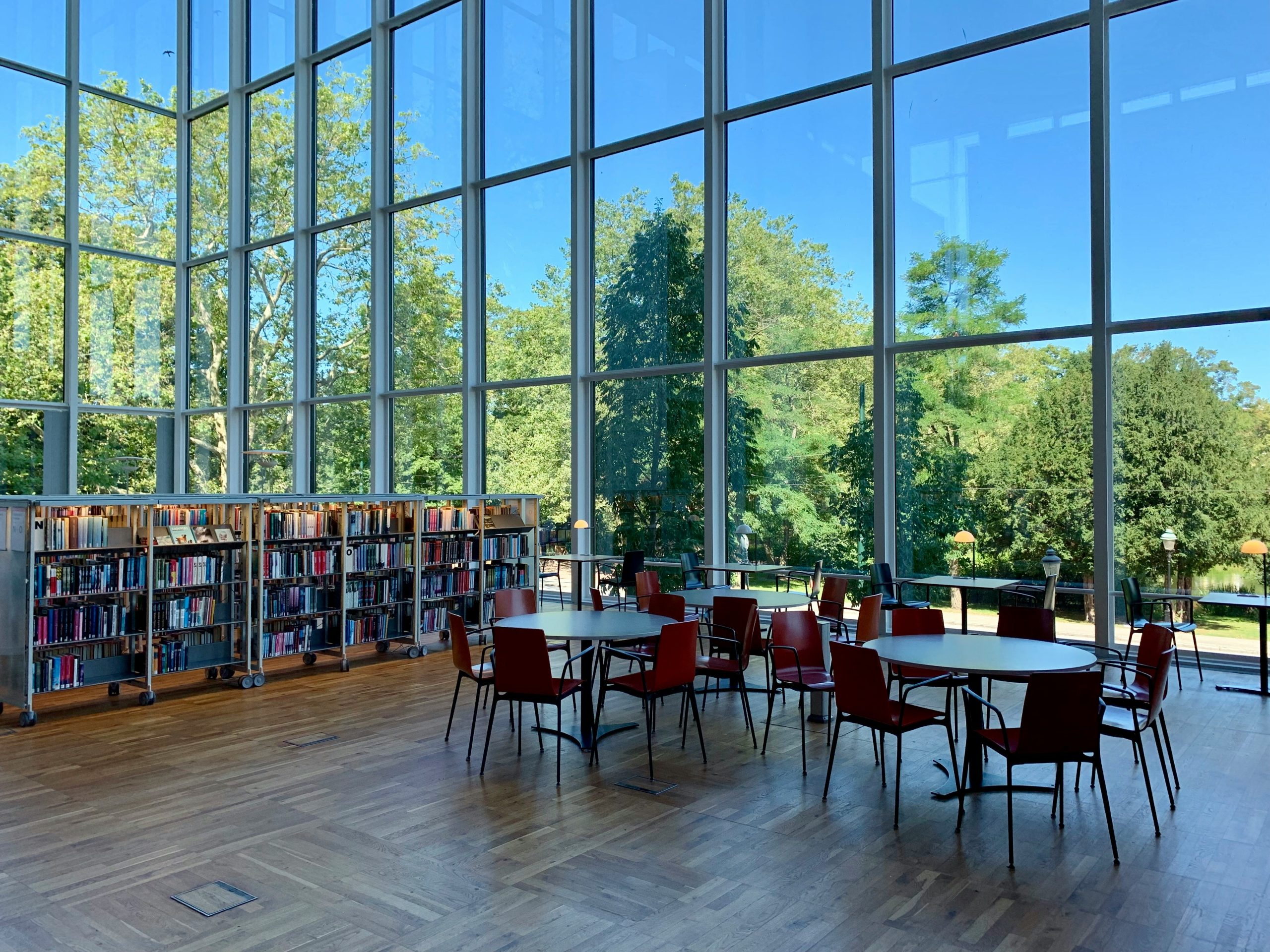 Modern library with large windows and bookshelves.