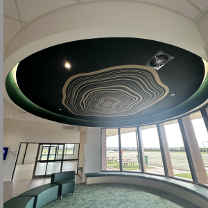 Modern interior with circular ceiling design.