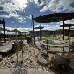 Modern outdoor space with seating and sculptures